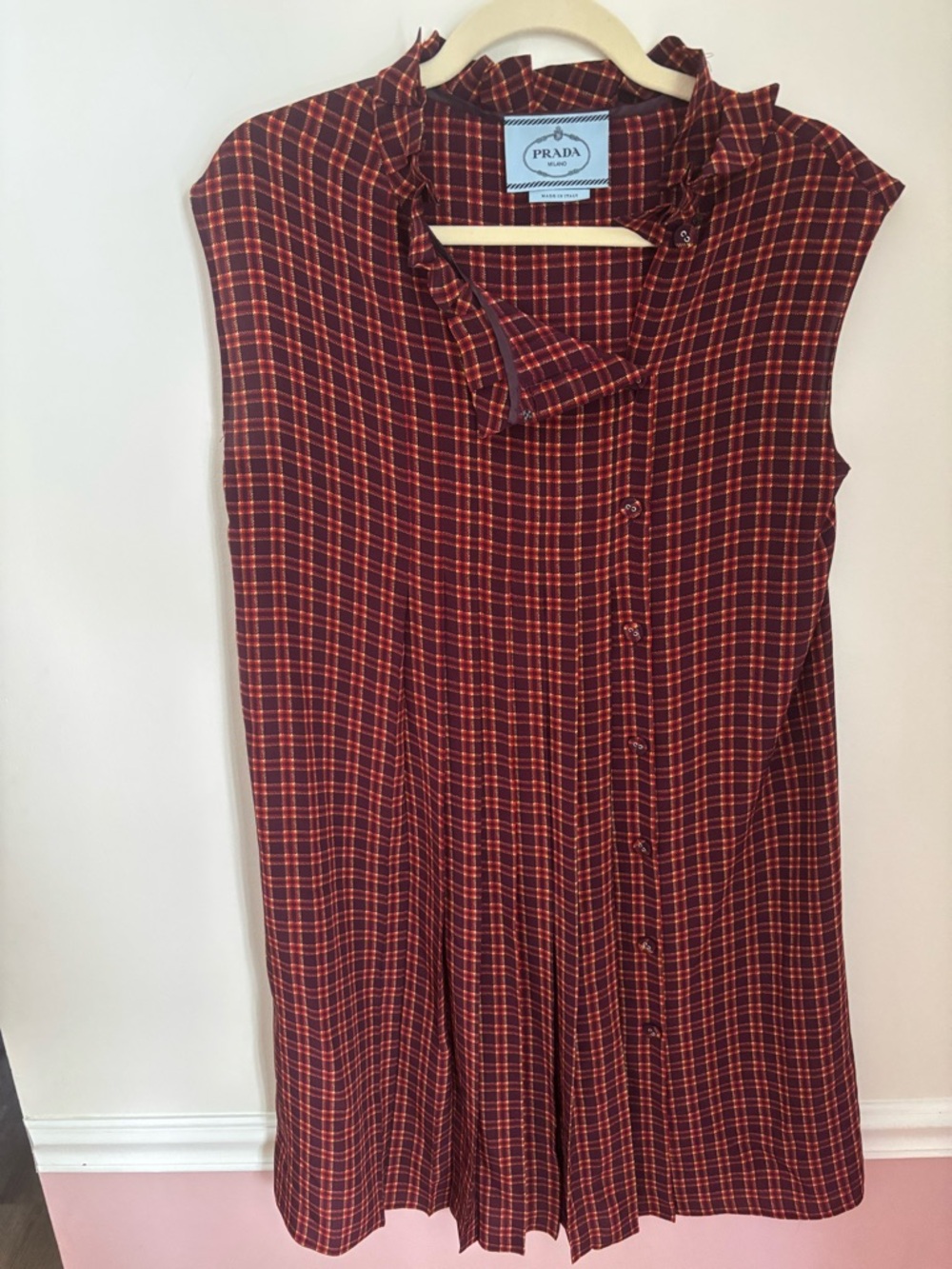 Prada Sleeveless Silk Plaid Mini Baby Doll Dress in Burgundy and Orange